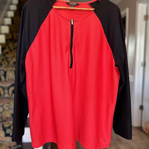 Lauren Ralph Lauren Red and Black Zip Front Long Sleeve Raglan Top Plus Size 3X - Picture 2 of 11